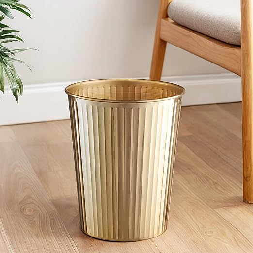 Monarch Abode Brushed Gold Handcrafted Ridge Embossed Metal Wastebasket - Image 3