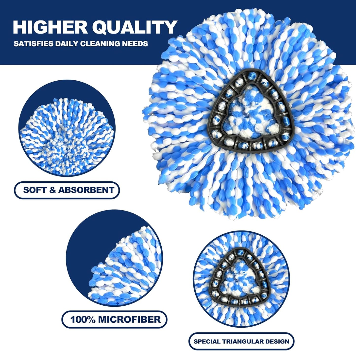 3 Pack Spin Mop Replacement Head Compatible with RinseClean 2-Tank System | Microfiber, Machine Washable, Reusable, Easy to Clean, Suitable for Sealed Hardwood, Tile, Laminate & Marble Floors