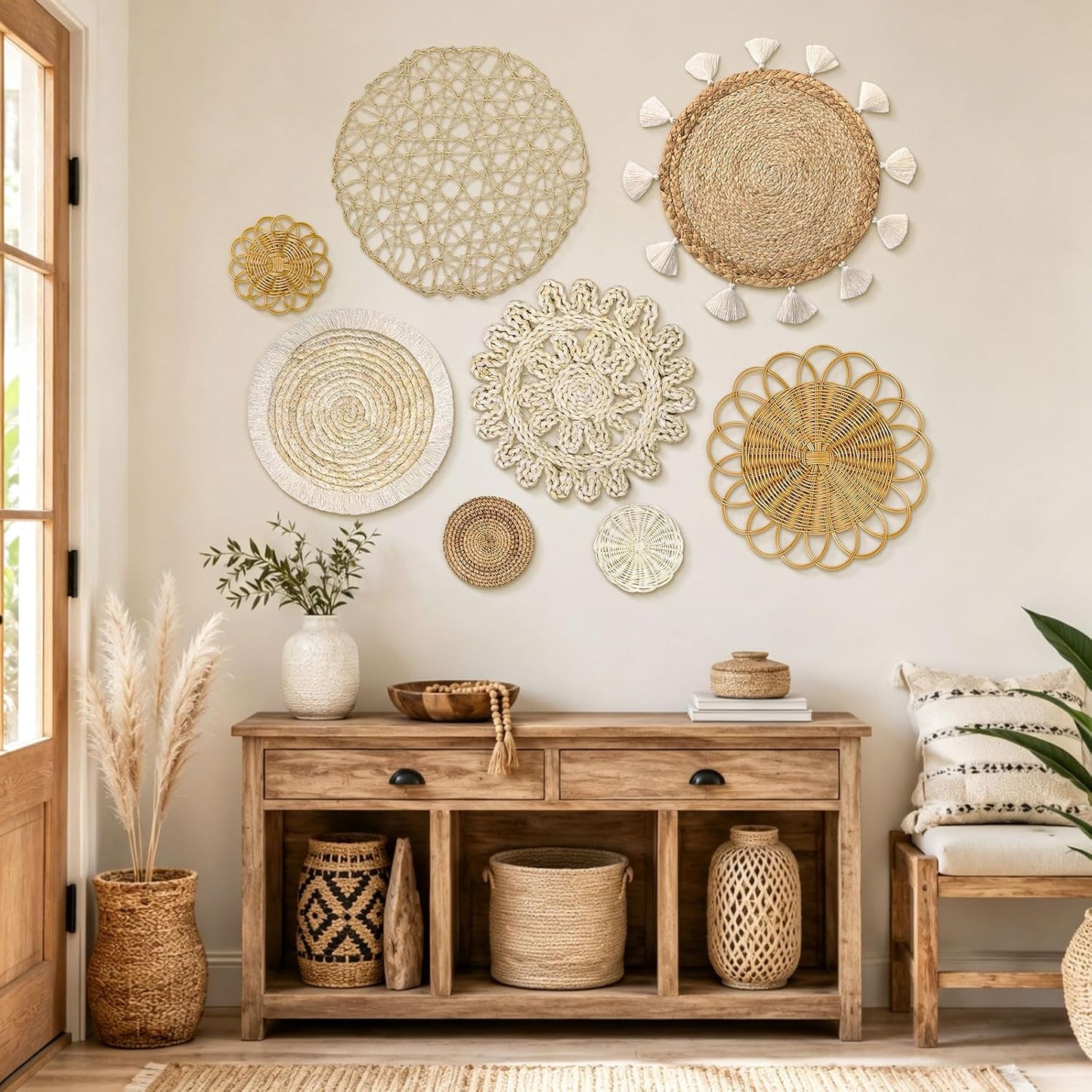 LOMOHOO Set of 8 Boho Wall Basket Decor Wicker Woven Wall Basket Decoration | LOMOHOO Bohemian Handcrafted Round Basket Hanging Decor Bulrush Wall Art Decors for Living Room Rustic Home