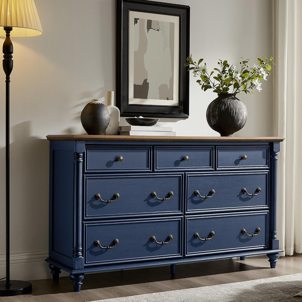 T4TREAM Farmhouse 7-Drawer Dresser with Solid Wood Feet, Antique Blue