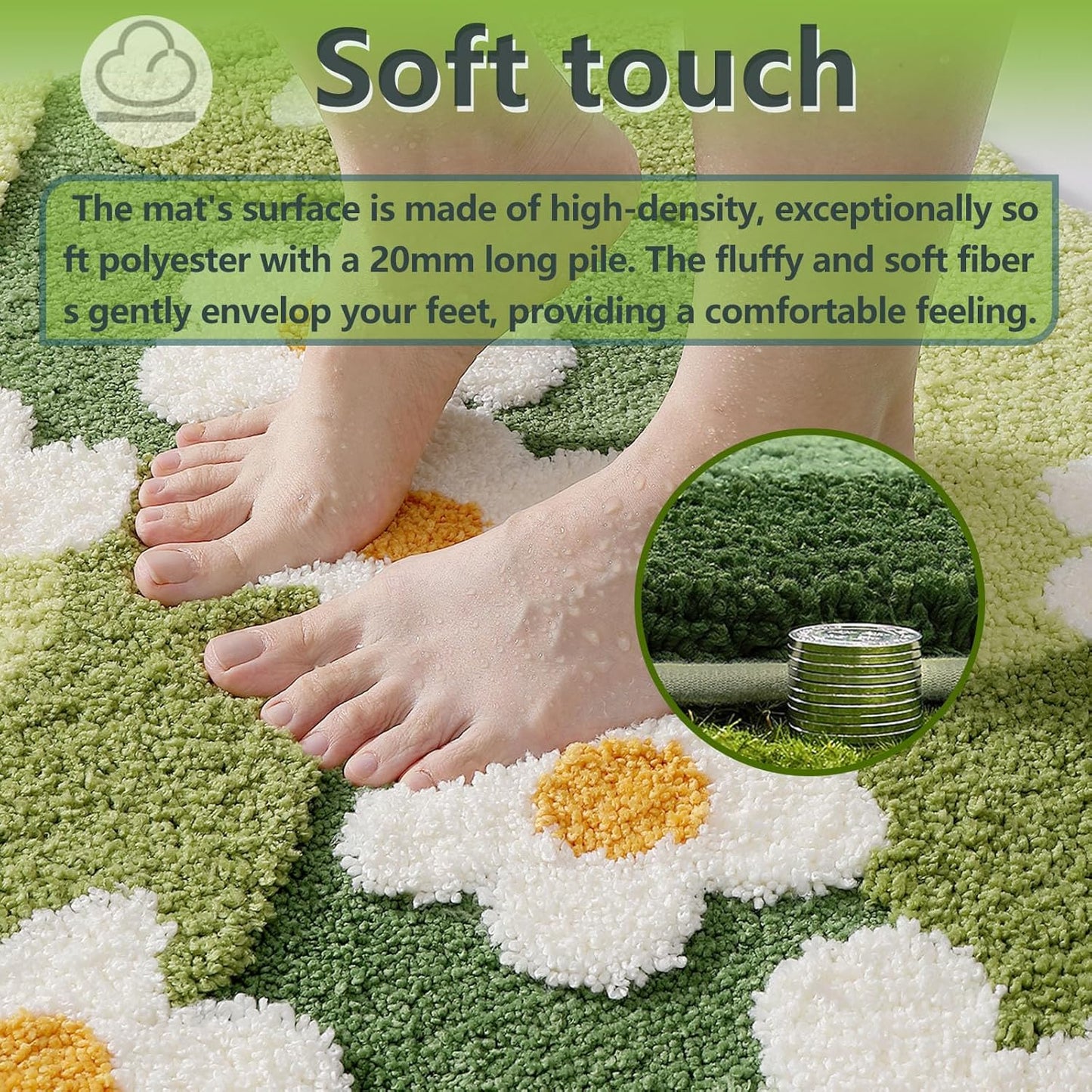 Bathroom Rug Set 2 piece Green Flower Bath Mat Set, Cute Bath Mat and U-Shaped Toilet Mat,Ultra Soft Absorbent Non Slip, 32" x 20" Machine Washable Moss Bathroom Mat(Blooming Set, 22" x 20")