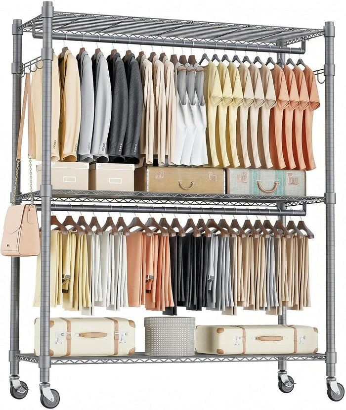 Homdox Rolling Clothes Rack Heavy Duty, 3-Tier Adjustable Wire Shelving Garment Organizer with Double Rods & Hooks, Portable Clothes Rack with Wheels, 17.72" D x 47.24" W x 80.71" H, Grey