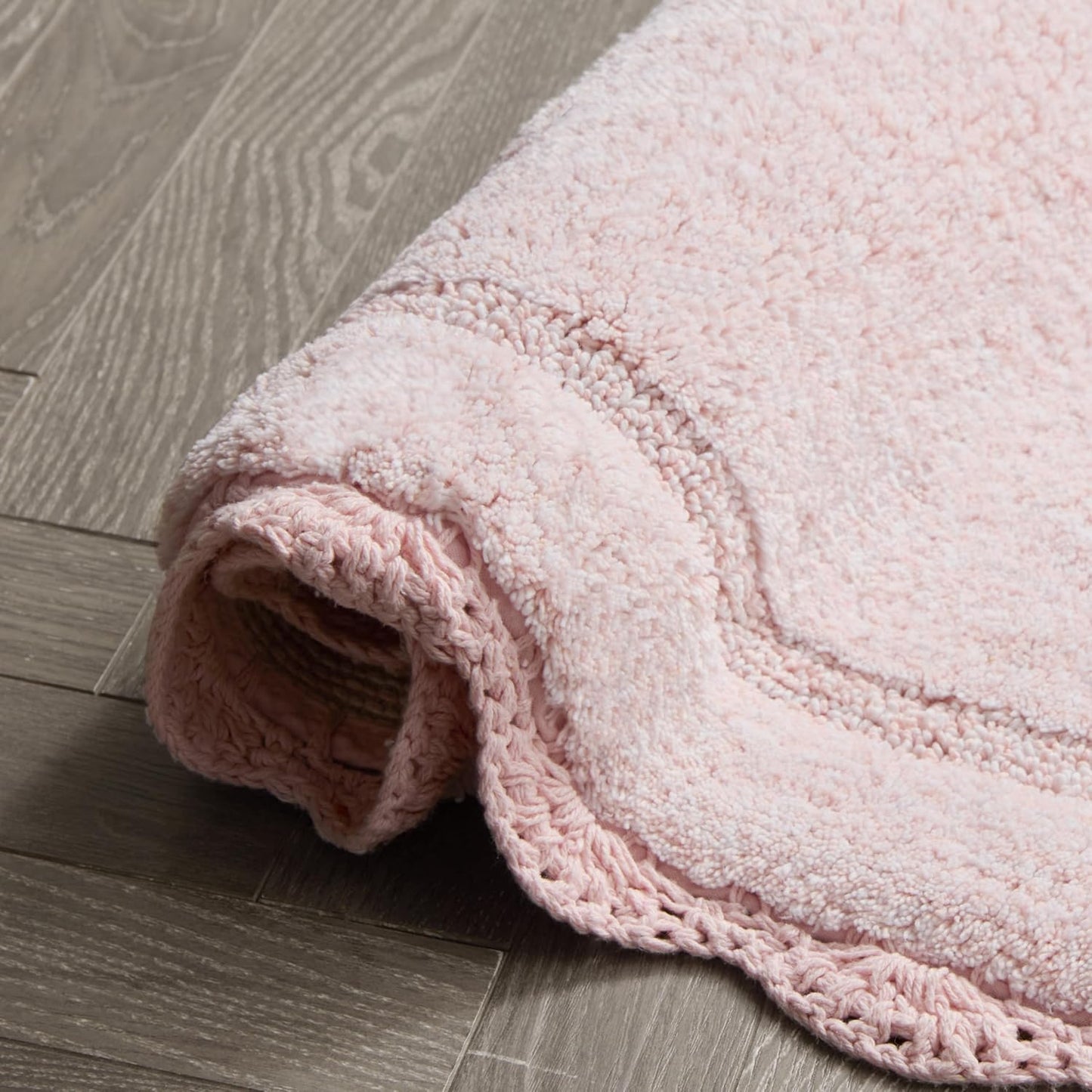 Laura Ashley Eloise 100% Cotton Oval Bath Mat 2-Piece Set with Crochet Border, Soft & Absorbent, Light Pink 17" x 24"/20" x 32" Bathroom Rugs