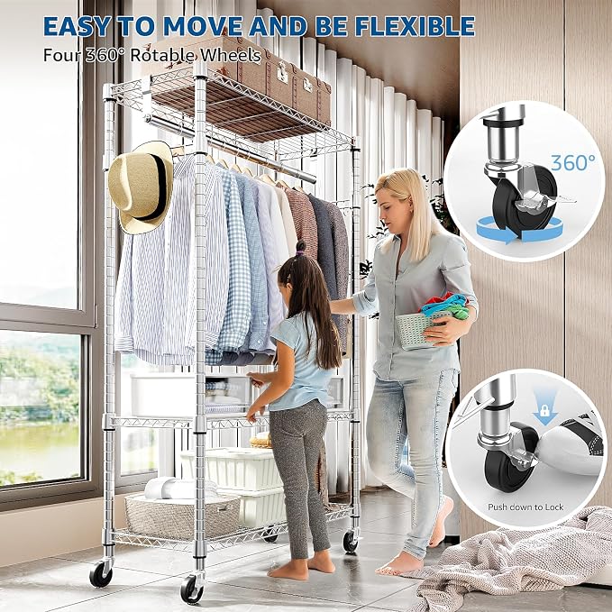 Heavy Duty Rolling Garment Rack 3 Tiers Adjustable Wire Shelving Clothes Rack - Image 2