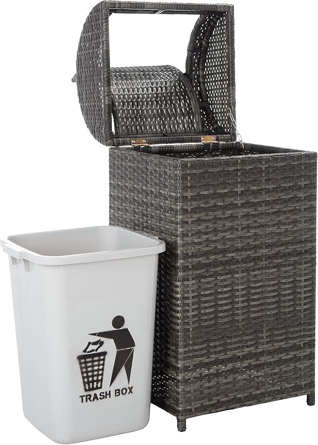 SAFAVIEH Outdoor Collection Mazeli Grey Brown Woven Swing Top Dome Lid Trash - Image 14