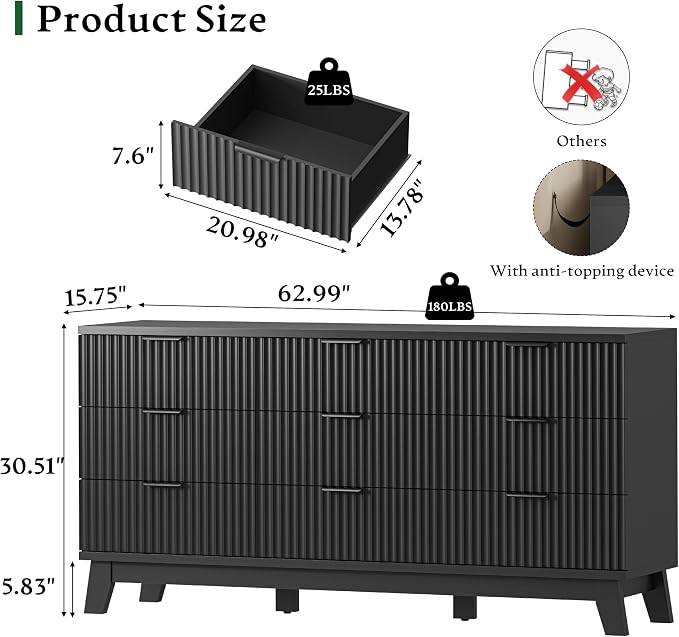 Fluted Dresser with 9 Drawers, Wooden Dresser TV Stand, Wood Closet Clothes - Image 2