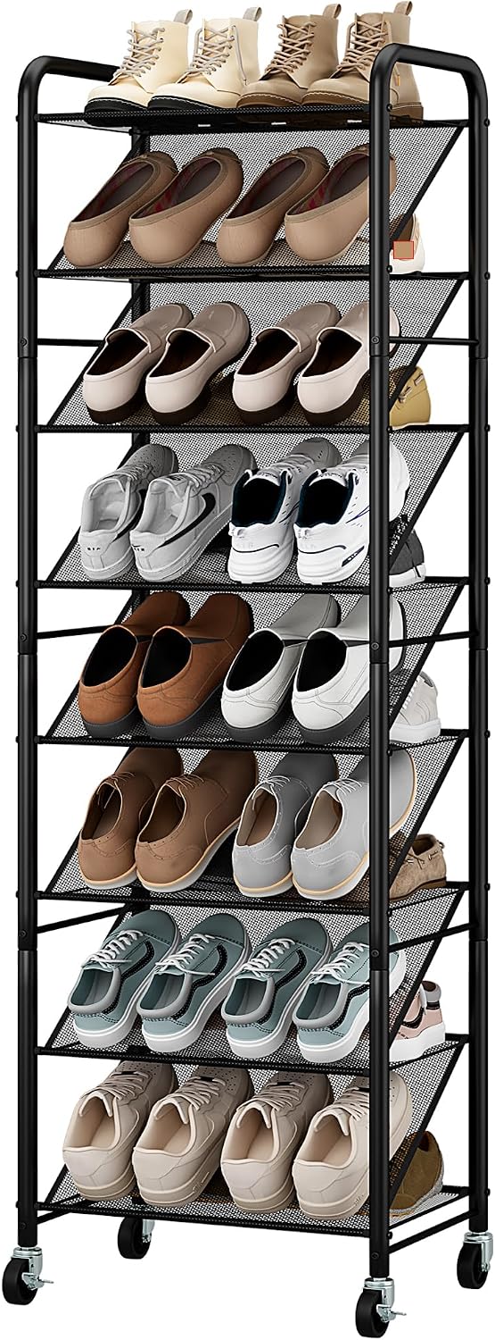 STO STO 8-Tier Narrow Shoe Rack with Lockable Wheels, Double-Sided Vinyl Mesh...