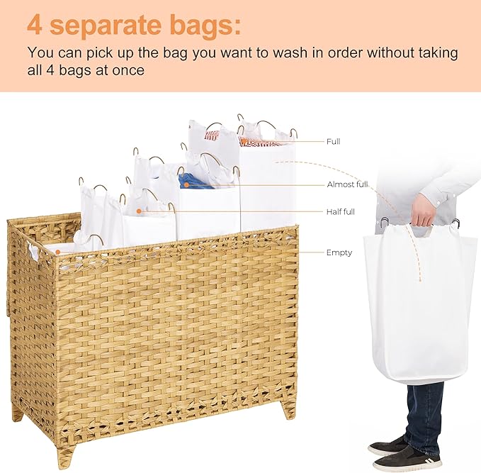 Laundry Hamper with 4 Removable Liner Bags; 176L Handwoven Rattan Laundry - Image 3