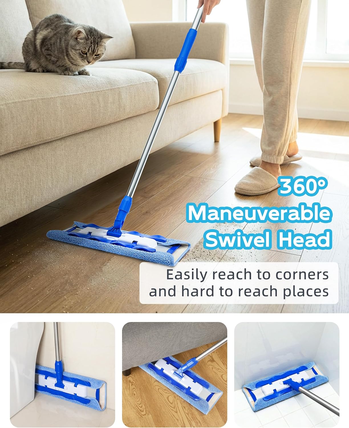 MR.SIGA Professional Microfiber Mop for Hardwood, Laminate, Tile Floor Cleaning, Stainless Steel Telescopic Handle - 3 Reusable Flat Mop Refills and 1 Dirt Removal Scrubber Included