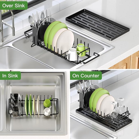 Dish Drying Rack Over the Sink Expandable In Small Black Drainer Dry - Image 2