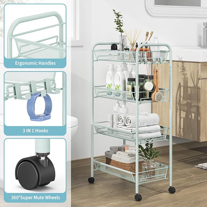 TOOLF 4-Tier Rolling Cart, Metal Utility Cart - Image 3