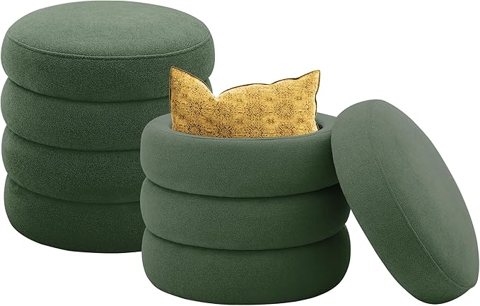 Round Ottoman with Storage Boucle Ottoman Stool Removable Lid by Krcix