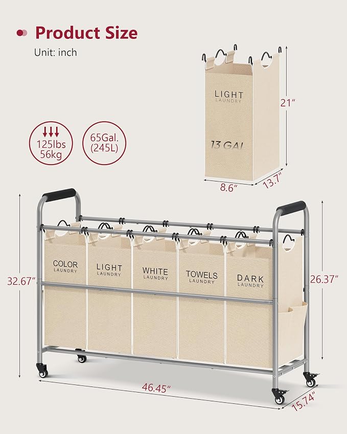 Tajsoon Laundry Sorter 5 Sections, Laundry Hamper - Image 6