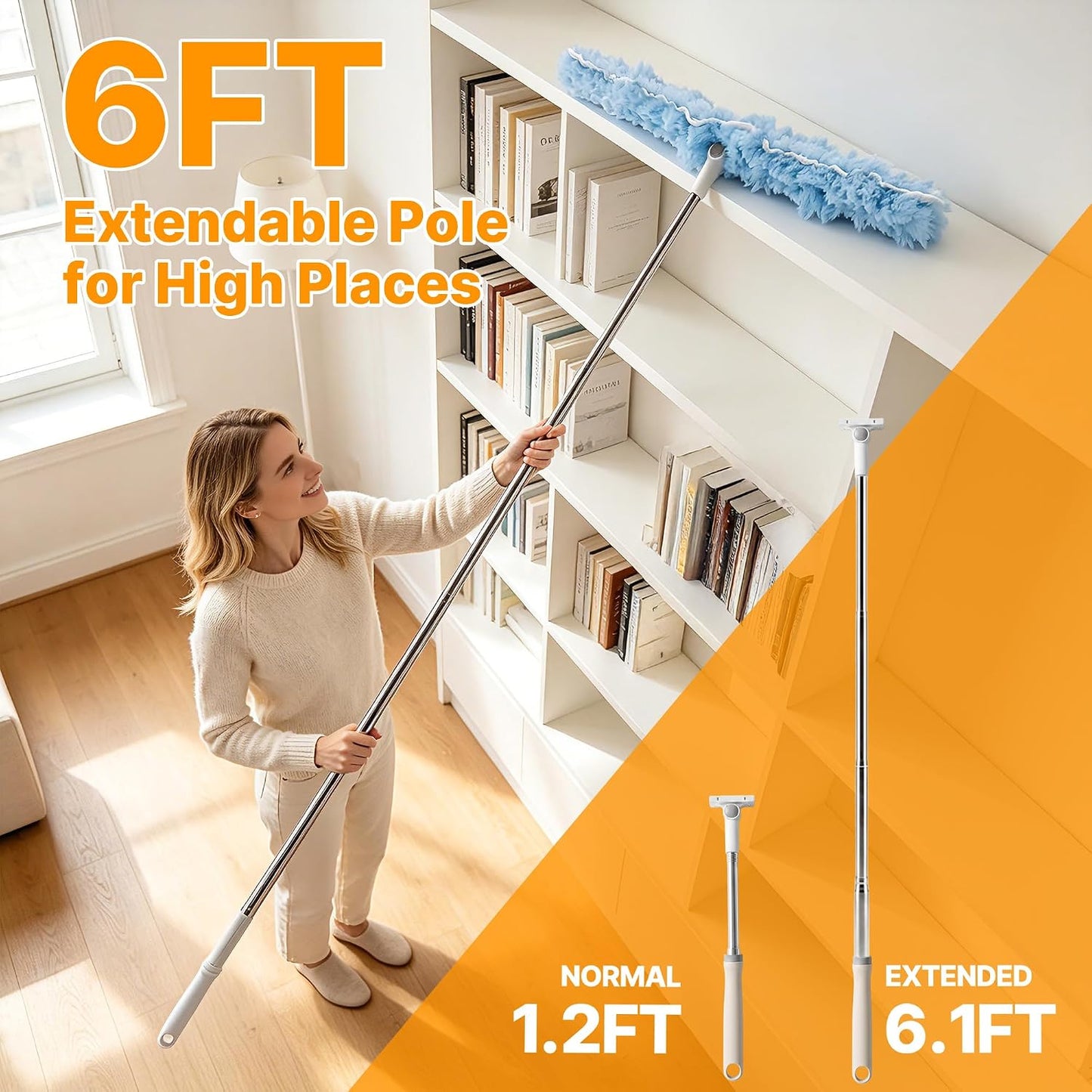 30 Count Heavy Duty Duster Refills, 6FT Extendable Handle with Dual Heads, 4 Fan Blades, 360 Microfiber Duster for Ceiling Fan, High Ceilings, Lamps, Hard-to-Reach Areas