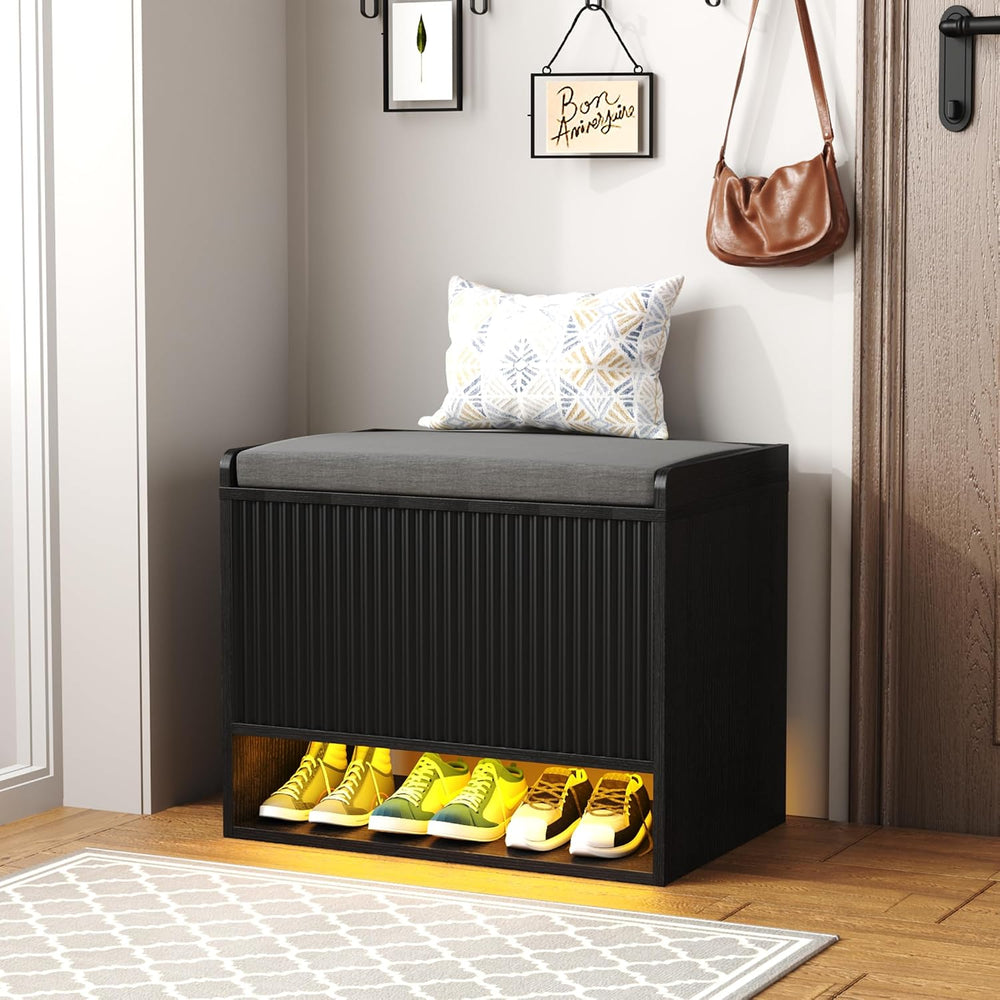 HOMEFORT 23.6" Fluted Shoe Storage Bench, Small Entryway Bench with Line...