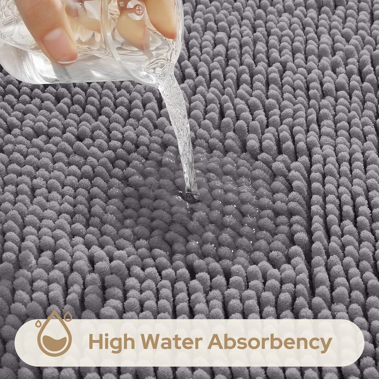 HOMEIDEAS 3 Pieces Bathroom Rugs, Soft Thick Absorbent Chenille Bath Mats, Washable Non-Slip Floor Rugs for Shower & Bath, Grey