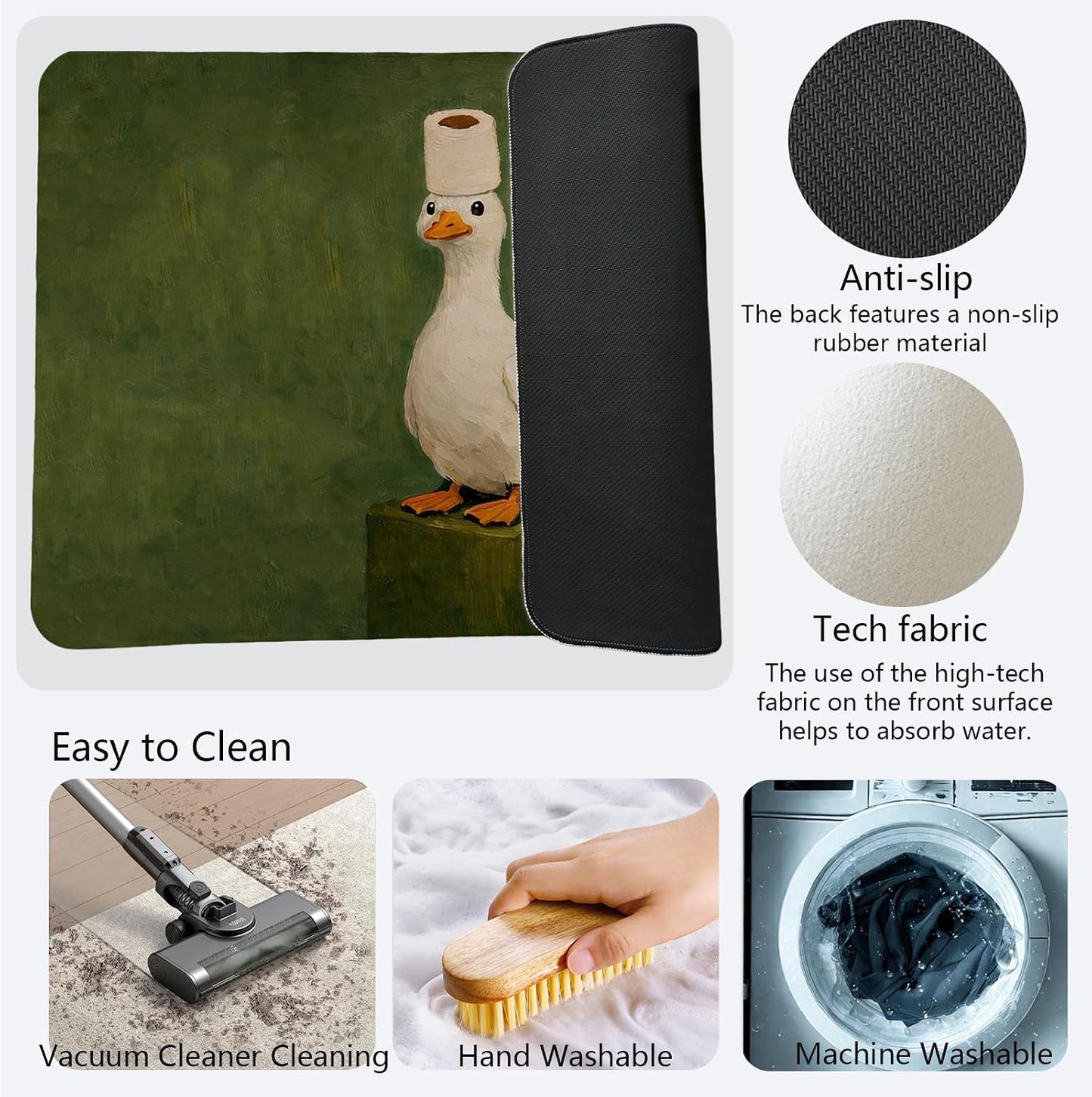 Green Funny White Duck Kitchen Mat,Playful Duck with Toilet Paper Roll Bathroom Mat,Cute Animal Decorative Mats Rug for Bathroom Dressing Table Shower Tub Kitchen Entry Door,24x16Inch