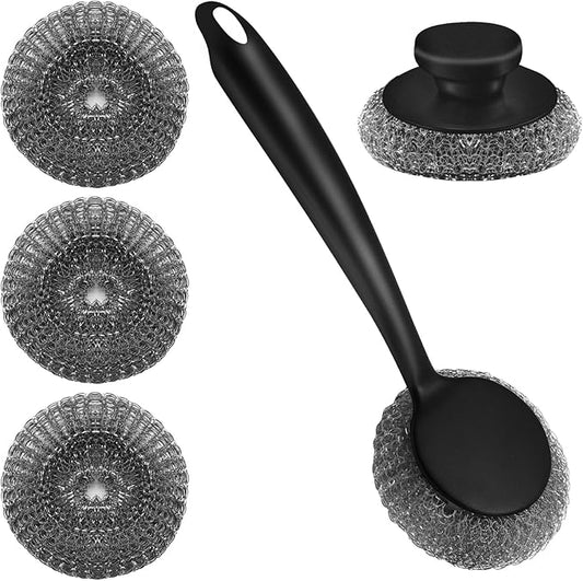 Scrubber with Handle Comes with Three Replacement Balls Steel Wool, Short by HINGTAI