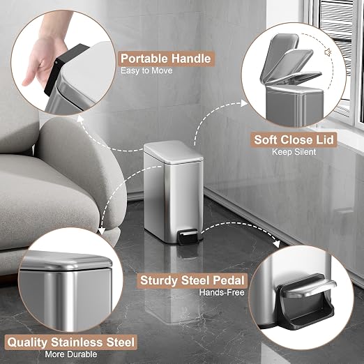 Small Trash Can with Lid Soft-Close, 6 L/1.6 Gal Bathroom Garbage Can with - Image 6