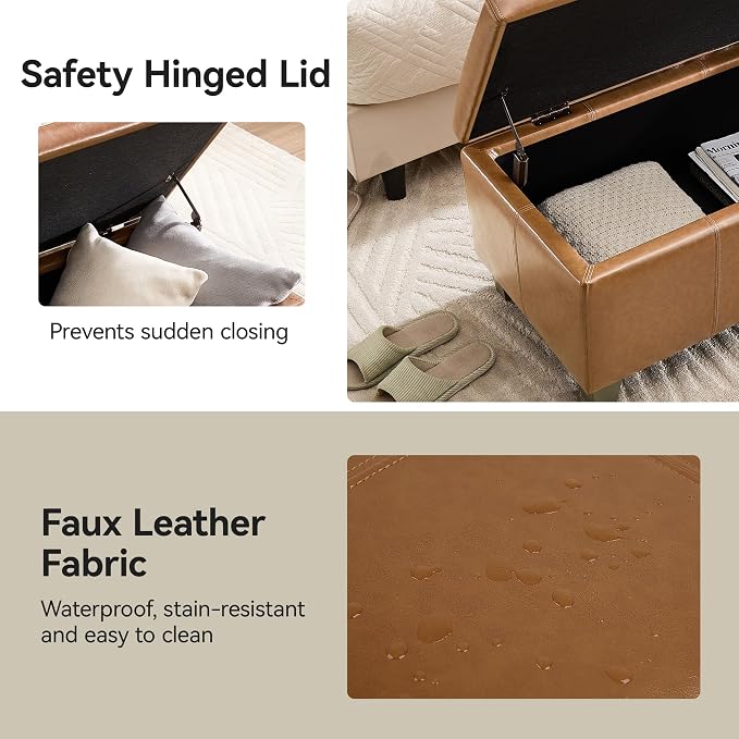 41" Faux Leather Storage Ottoman, Stitch Tufted Rectangle Upholstered End of - Image 4