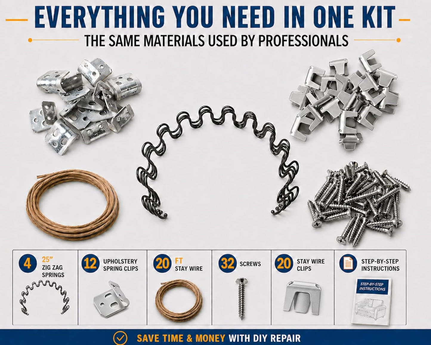 25 Inch Couch Spring Repair Kit for Sagging Sofa Cushions, Includes Springs, Stay Wire, Clips and Screws (25" 4-Pack Spring Kit)
