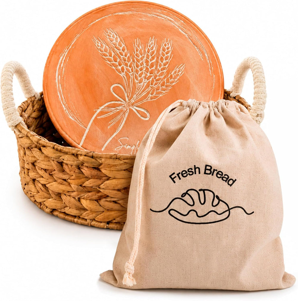 Simply H&K Bread Warmer Basket with Stone - Includes Reusable Linen Bread...