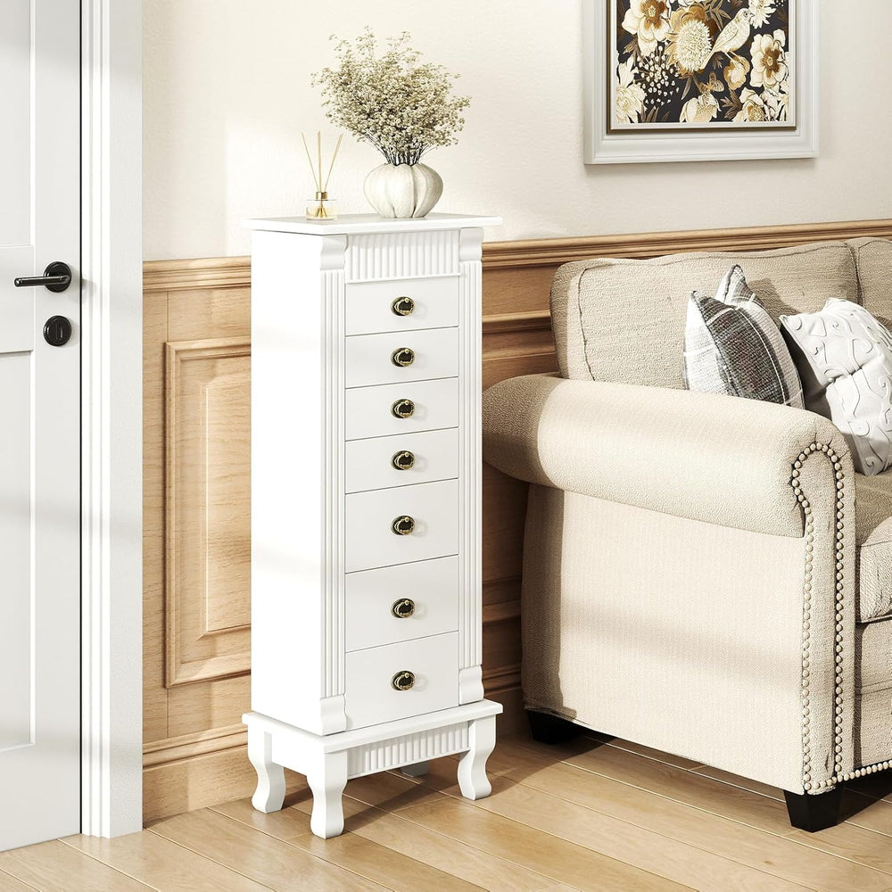GIANTEX Standing Jewelry Cabinet with 7 Drawers, Flip-Top Mirror, White