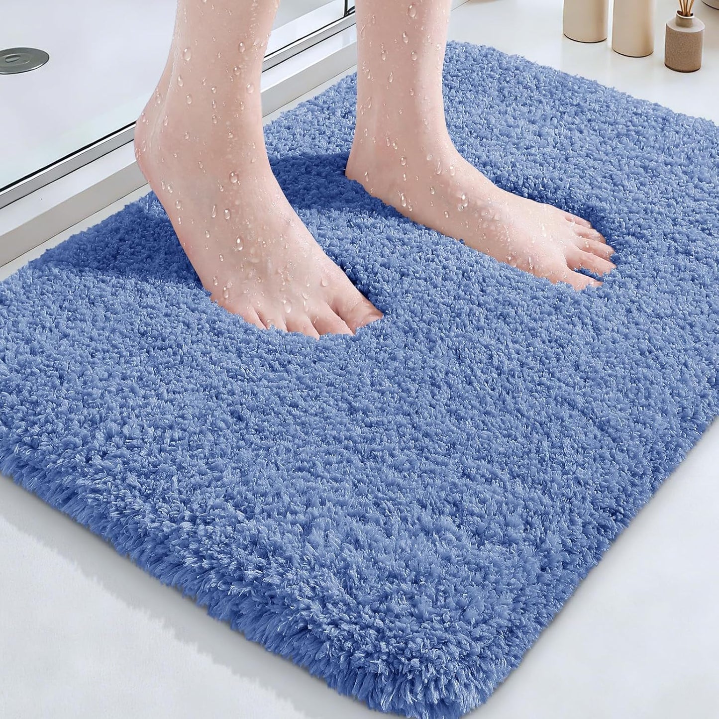 Microfiber Thick Bathroom Rugs, Flurry Non Slip Bath Rug, Ultra Soft Plush Absorbent Bathroom Mat, Machine Washable Luxury Toilet Rug Set, Bath Mat for Tab, Shower and Bathroom, Blue, 24"x17"