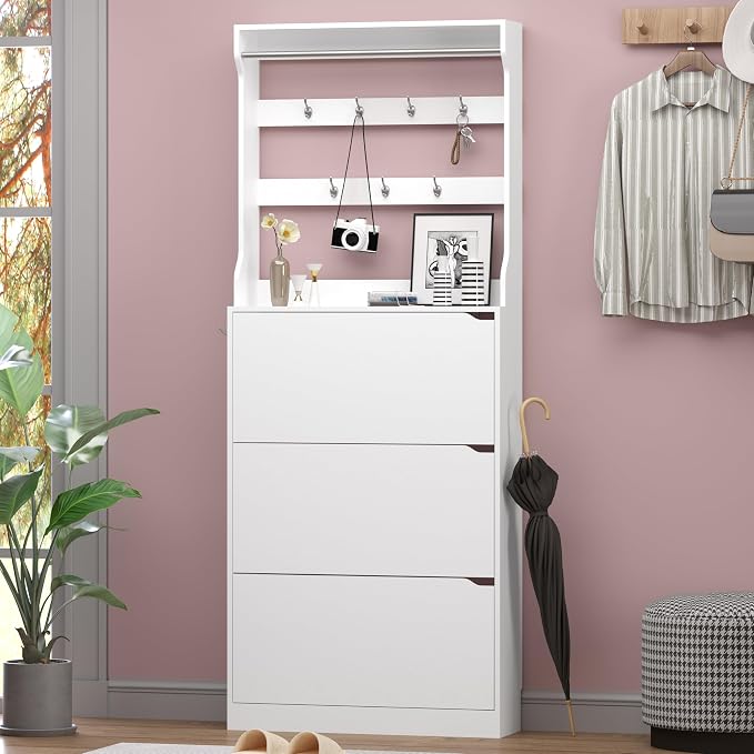 Shoe Cabinet with 3 Flip Drawers & Coat Rack, Narrow Hidden Shoe Storage Cabinet - Image 3