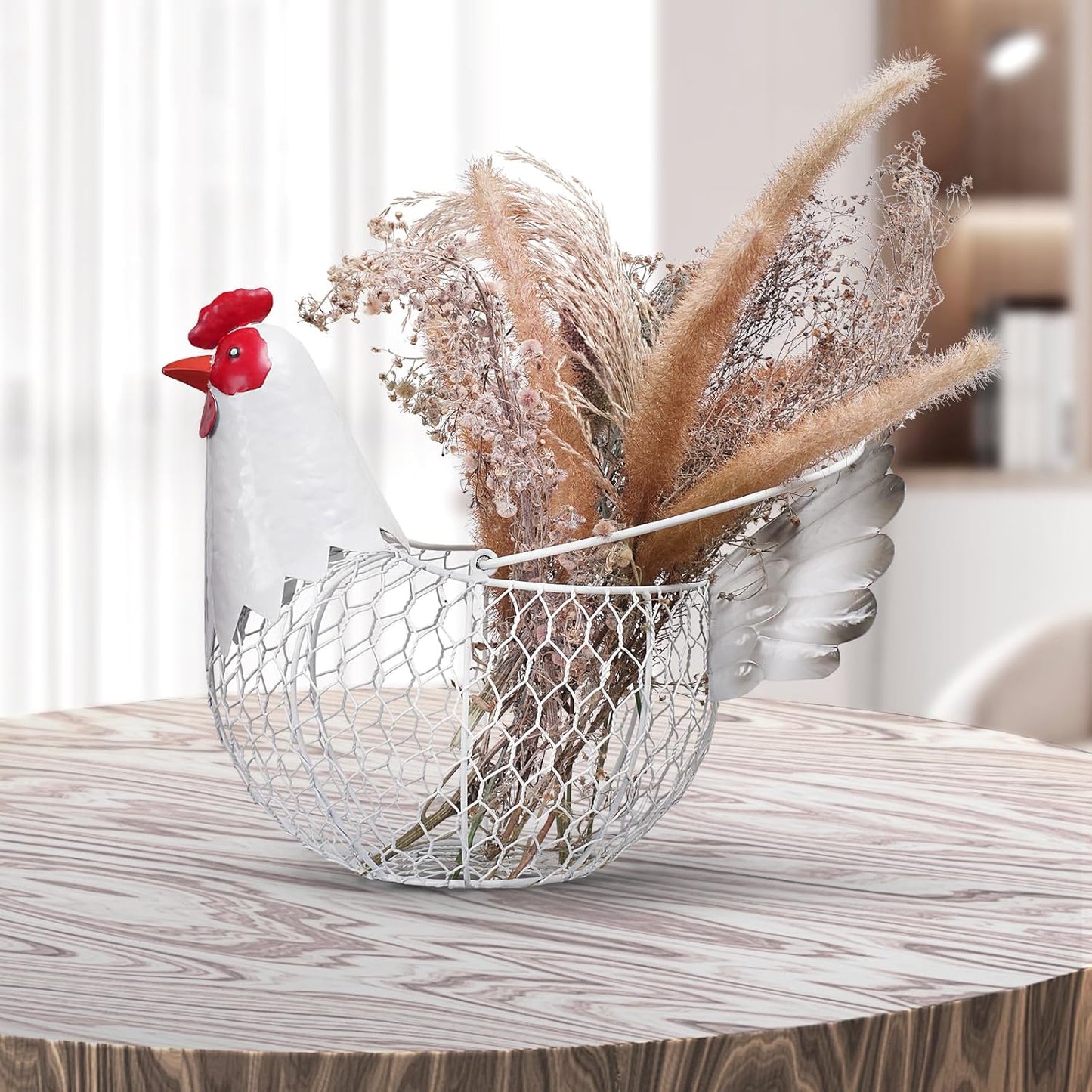 Farmhouse Metal Chicken Wire Egg Basket,Eggs Holder Bowl Kitchen Countertop | Vintage Rooster Decorative Chicken Shaped Fruit Basket for Living Room Home Farm Decor