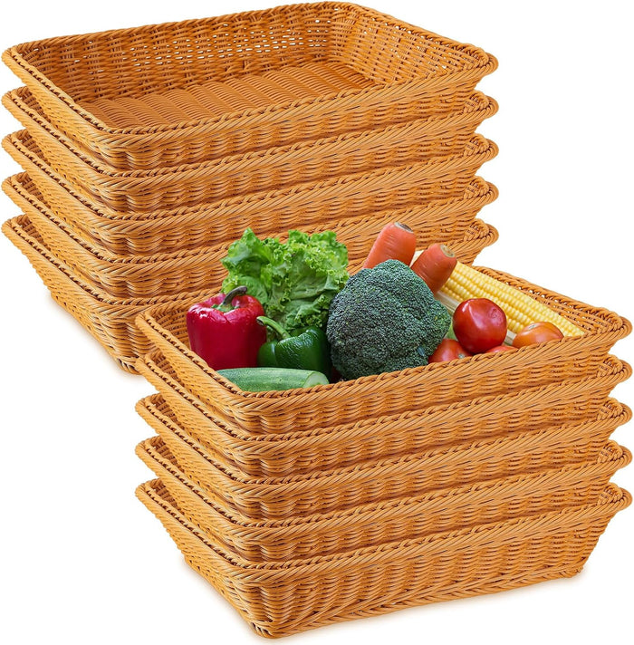 Tioncy 10 Pack Poly Wicker Bread Baskets, 15.75 x 11.81 x 3.15" Woven Serving Baskets for Gifts, Rattan Rectangular Trays for Bread Fruit Vegetables Snacks, Stackable for Kitchen Restaurant Home