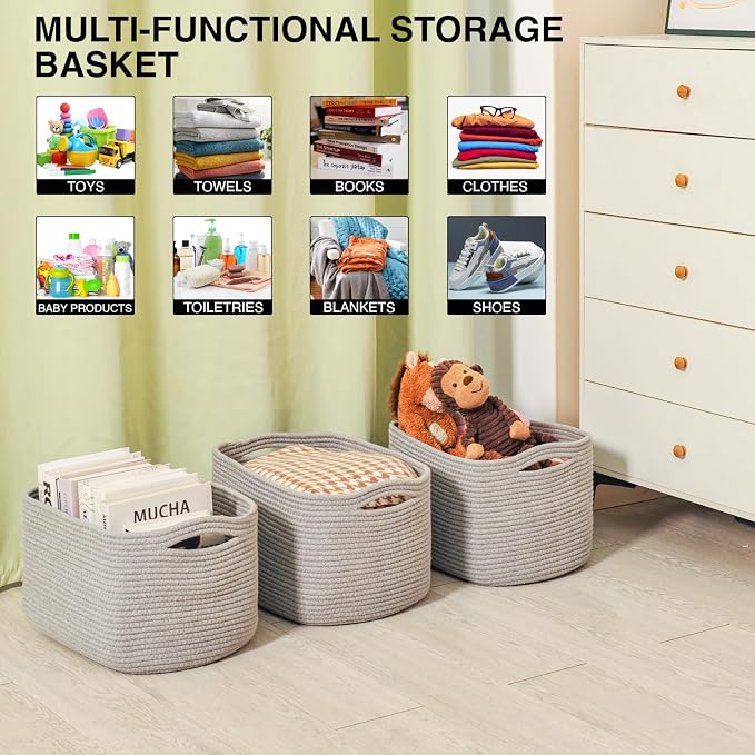 Storage Baskets for Organizing Shelves, Woven Cotton Rope Bins for Baby Nursery - Image 4