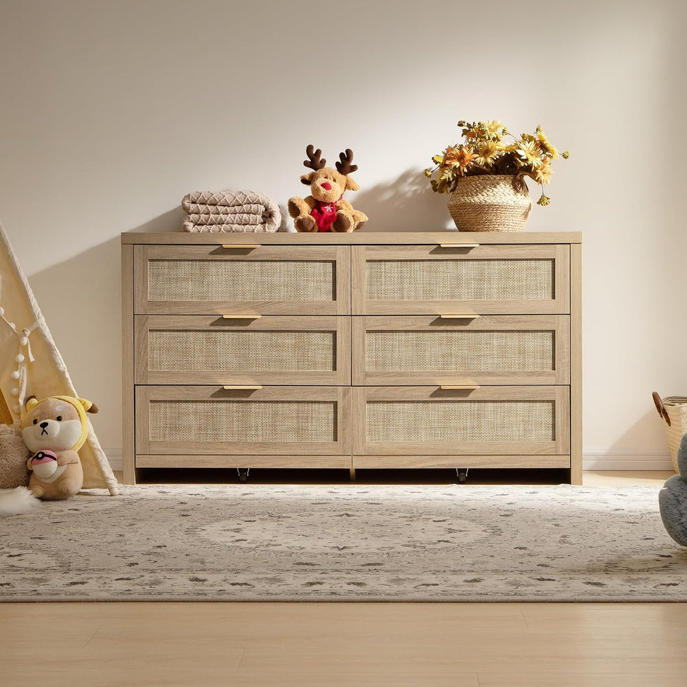 SICOTAS Rattan Dresser for Bedroom, 57" Wide 6 Drawer Dresser