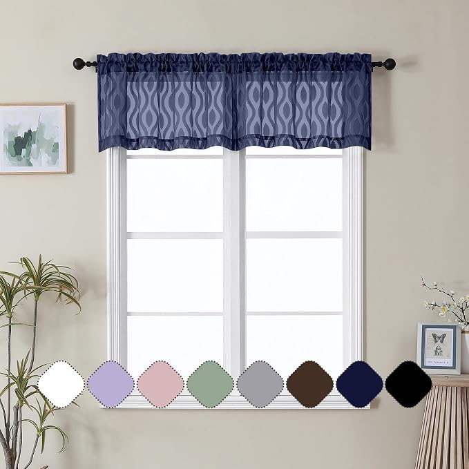 Aiyufeng Blue Valances for Windows, Chic Wavy Line Clip Jacquard Voile Sheer by Aiyufeng