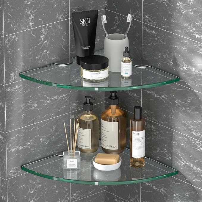 Corner Glass Shower Caddy 4 Pack 8MM-Thick Tempered Glass Shelf No Drilling - Image 2
