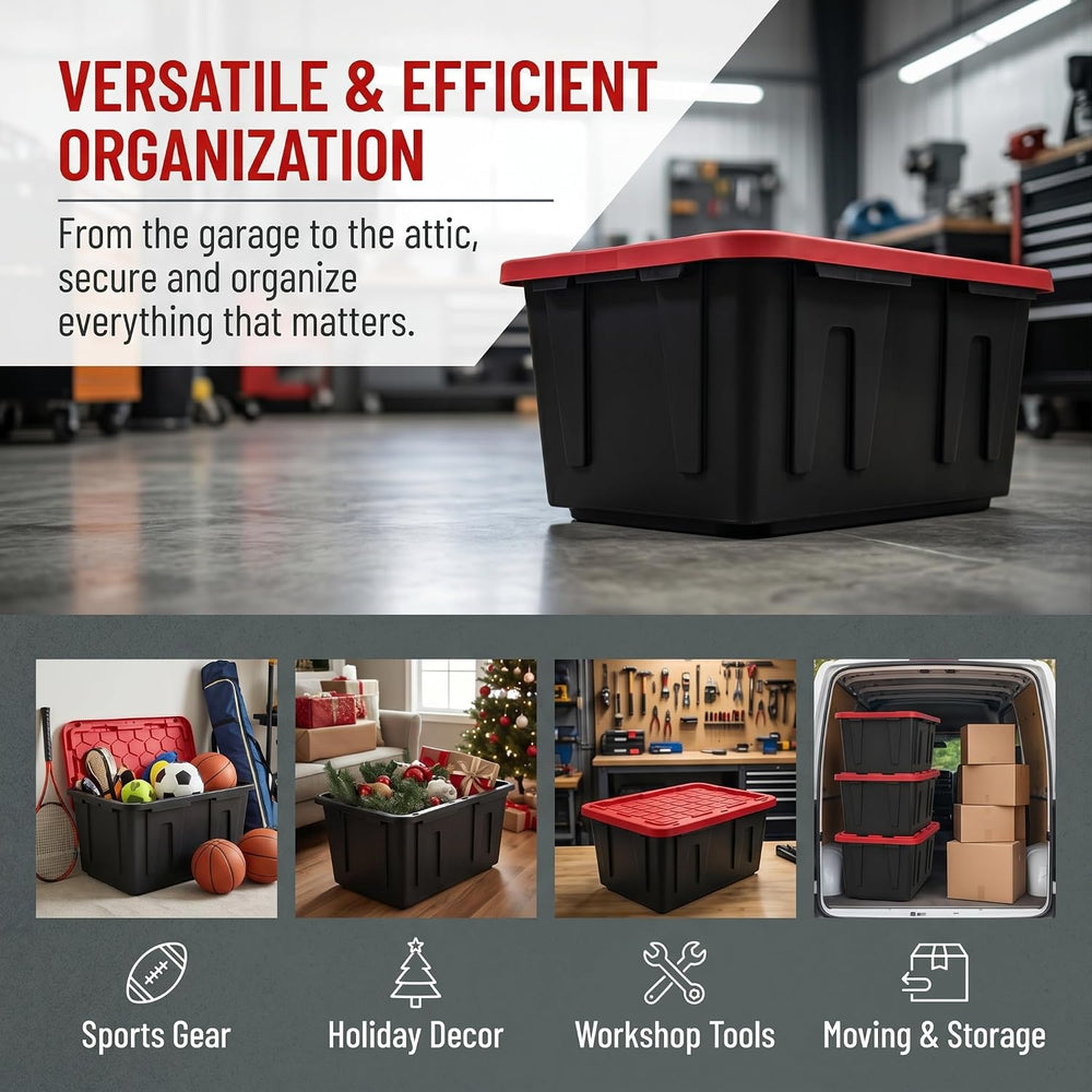 4‑Pack 27 Gallon Stackable Storage Bin, Locking Red Lid Black Body