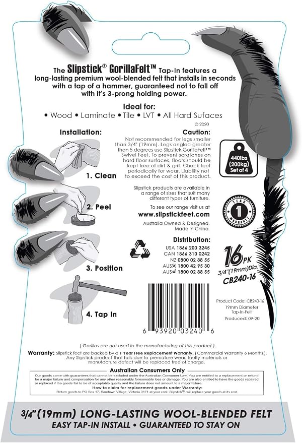 Slipstick GorillaFelt 3/4 Inch Chair Leg Floor Protectors/Felt Glides Tap On - Image 6