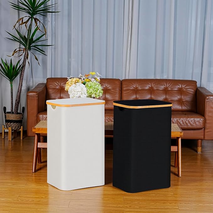 100L Laundry Hamper with Lid, Lagre Basket with Bamboo Handles, Foldable - Image 5