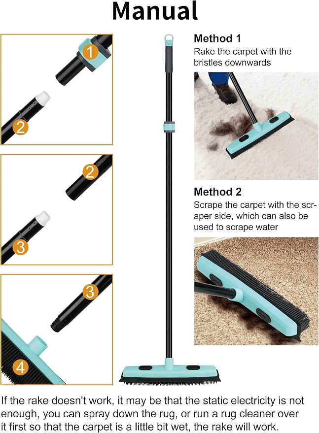 Rubber Broom Carpet Rake for Pet Hair Removal, Fur Remover Broom - Image 8