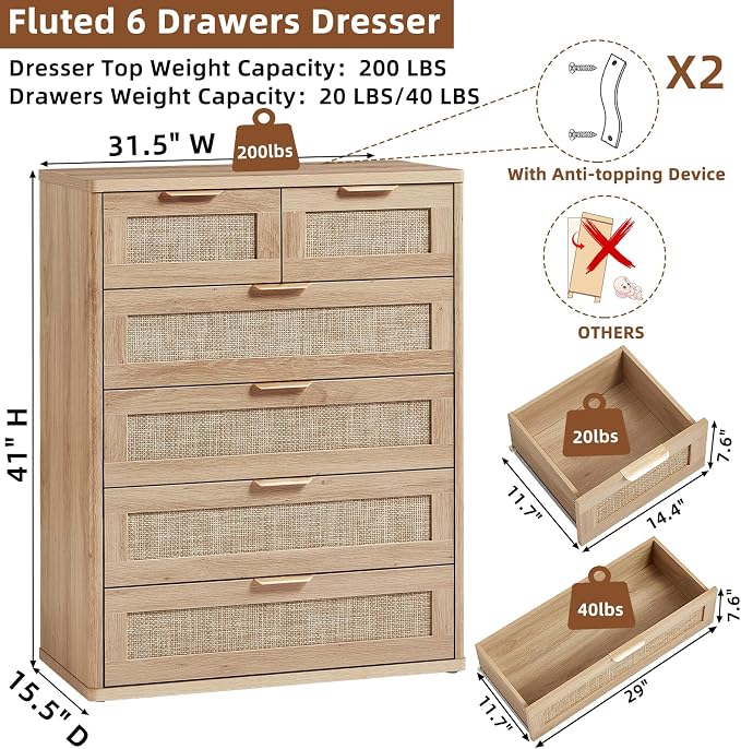 LEYAOYAO Rattan Dresser for Bedroom Set of 2, Modern 6 Drawers Boho Dressers - Image 2