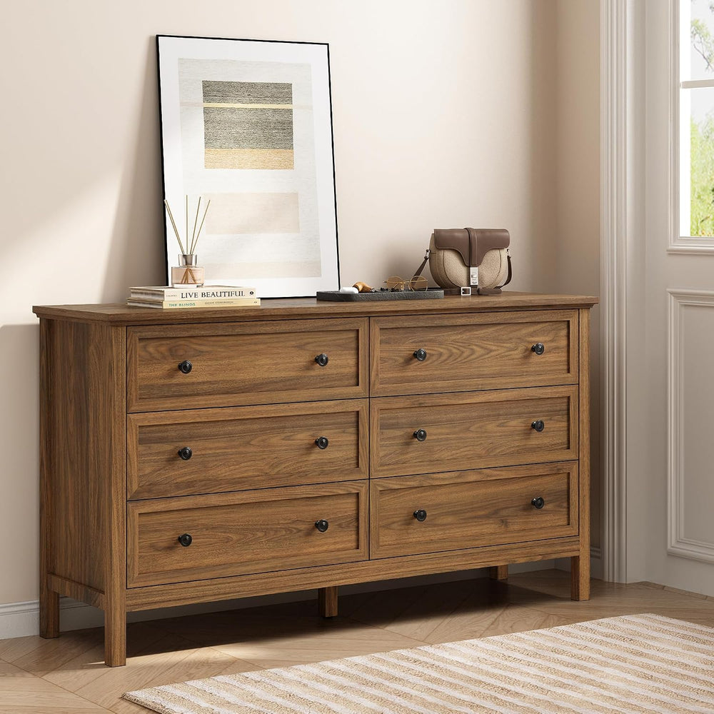 Tradare 55'' Walnut Dresser with 6 Drawers for Bedroom, Wood Dresser ...