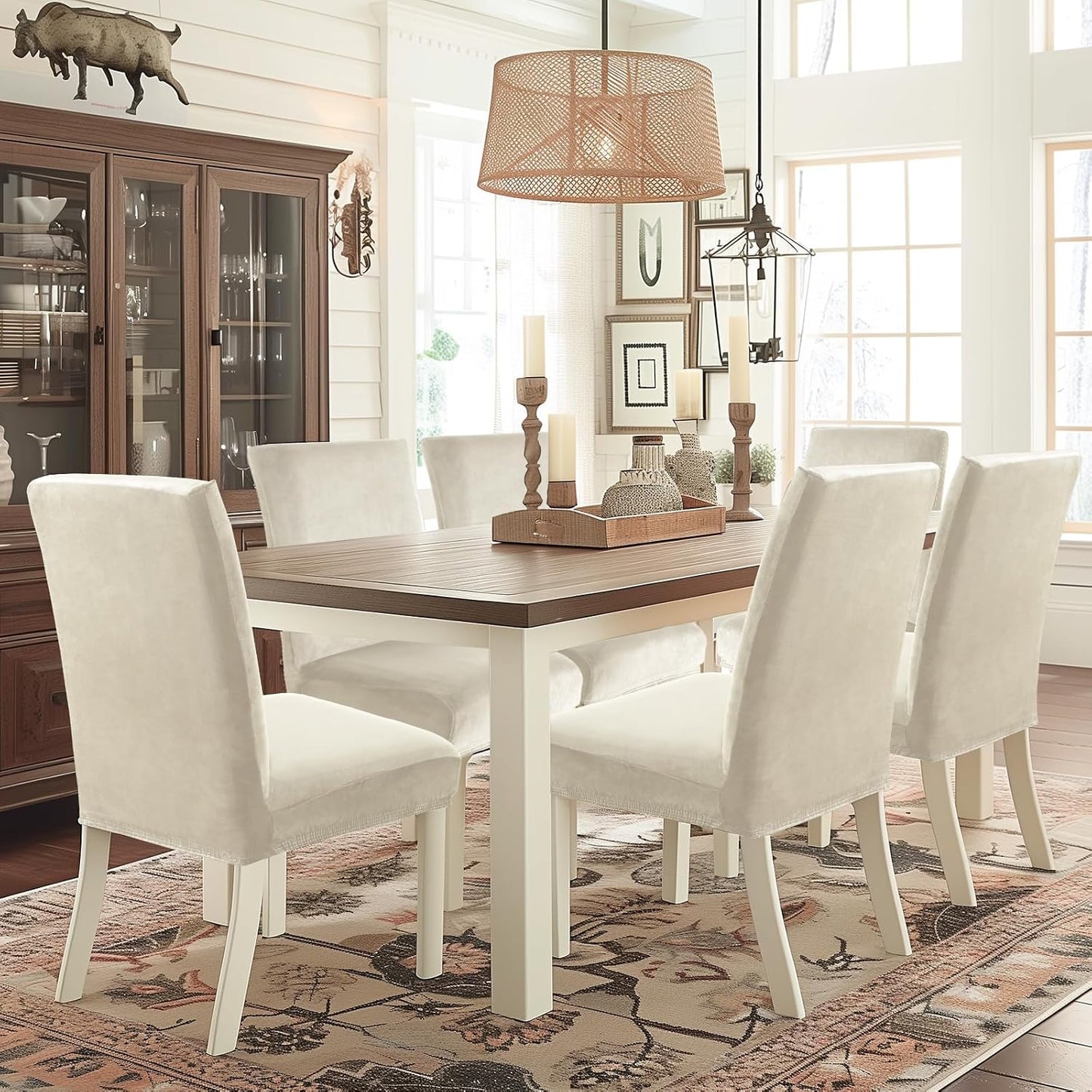Velvet Dining Room Chair Covers Set of 6, Stretch Chair Covers for Dining Chairs, Parsons Chair Slipcover Washable, Soft Thick Velvet Fabric for Home, Kitchen, Banquet (Beige)
