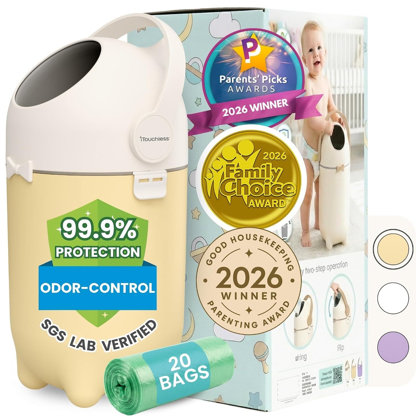 iTouchless 4 Gal Kids Room Wastebasket | Odor-Sealing Bin | Sand Almond | Rotating Ball Seal Traps Smells | Fits Any Standard Bag, No Refills Ever Needed | Flip-Up Handle Opens With A Single Hand