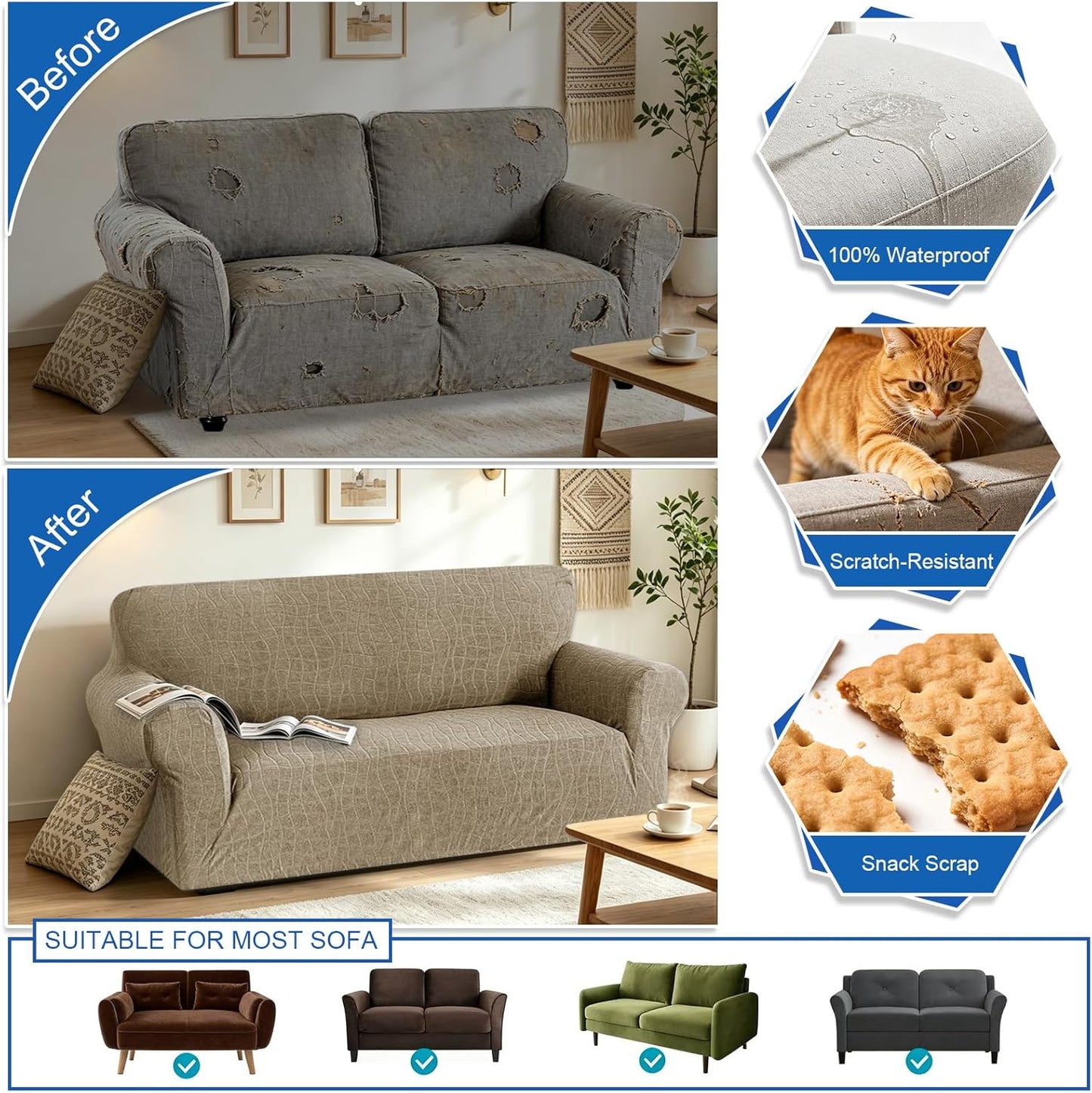 Waterproof Sofa Slipcover 3 Cushion Couch X-Large Sofa Cover,91"-110" Non Slip Soft Couch Sofa Cover Washable Furniture Protector with Non Skid Foam and Elastic Bottom for Kids, Pets,Khaki