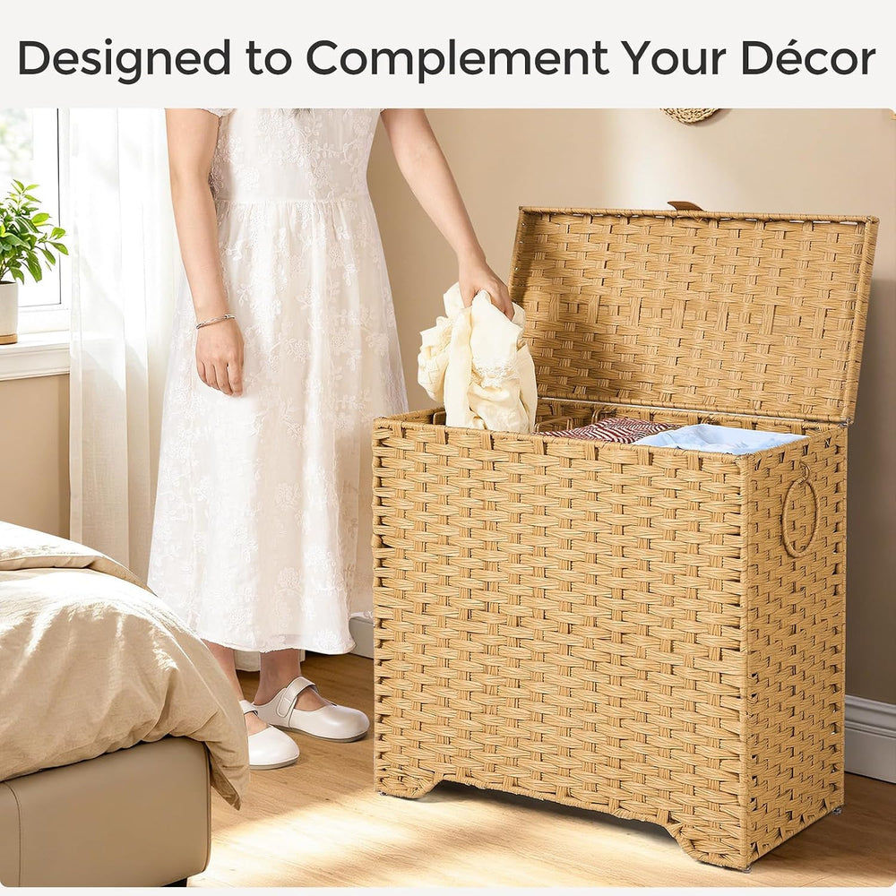 130L Wicker Laundry Hamper with Lid, 3-Section Laundry Basket