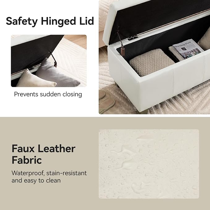 51" Faux Leather Storage Ottoman, Stitch Tufted Rectangle Upholstered End of - Image 5