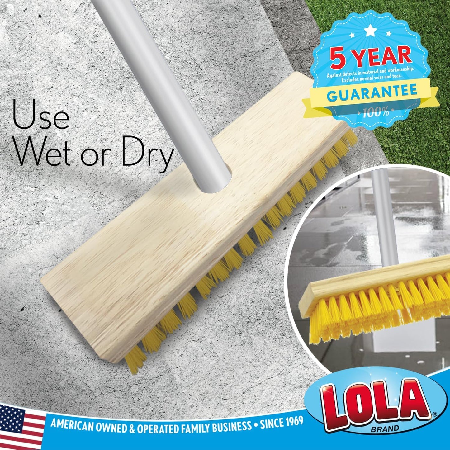 LOLA Deck Scrub Brush Outdoor Broom, Durable Bristles Remove Dirt, Grime, Grout, Leaves, Snow on Patios, Decks, Wet or Dry, 1 Count