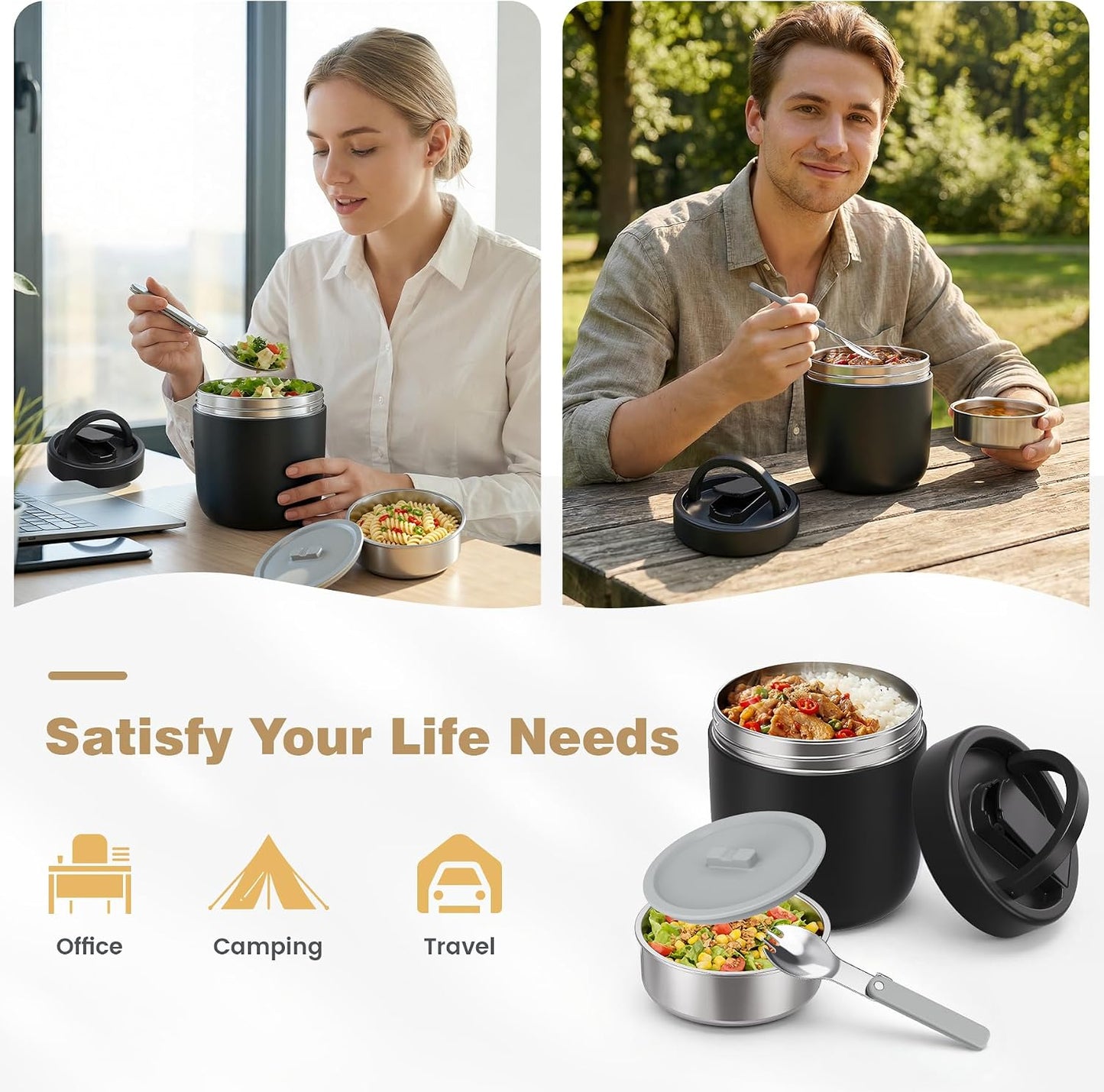 Thermo for Hot Food Adults, 40.5oz Wide Mouth Soup Thermo Lunch Containers with Spoon, Stainless Steel Vacuum Insulated Bento Lunch Box,Lunch Containers with Handle(Black)