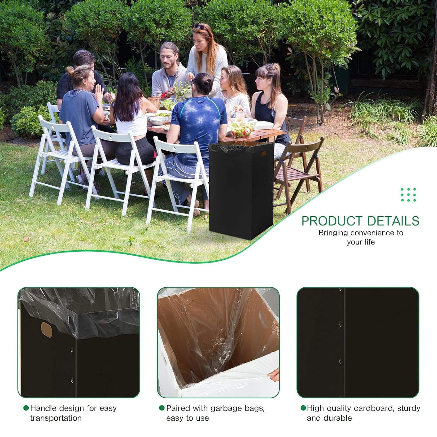Nosiny 5 Pcs 50 Gallon Disposable and Reusable Corrugated Cardboard Trash Cans for Events, Recycling Bins Bulk with Trash Bags, Cardboard Garbage Boxes for Parties, 18" x 18" x 36" (Black)