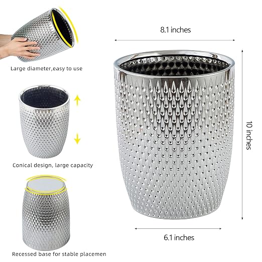 Modern Round Silver Small Trash Can Wastebasket, Garbage Container Bin - Image 4